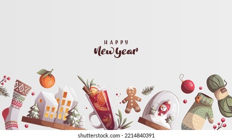 Happy New Year card design. Knitted clothes, snow globe, mulled wine. Cozy winter, home comfort, holidays concept. Vector illustration for banner, card, postcard, cover.