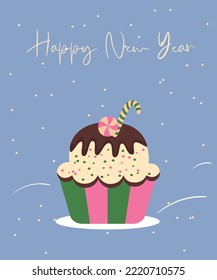 Happy New Year card design with a cute Cupcake and Candys