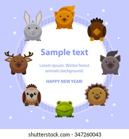 Happy New Year card design with cute forest animals, flat style vector