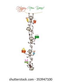 Happy new year card design with funny monkeys. Vector illustration