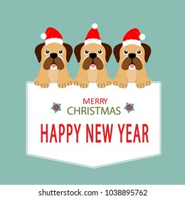 Happy new year card.  Dog in Santa Claus hat sitting and smile. Vector illustration.