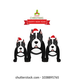 Happy new year card.  Dog in Santa Claus hat sitting and smile. Vector illustration.