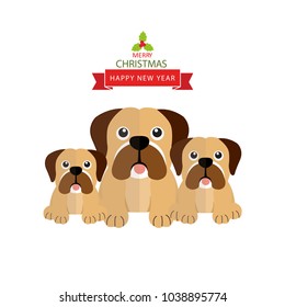 Happy new year card.  Dog in Santa Claus hat sitting and smile. Vector illustration.