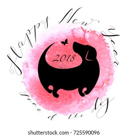 Happy New year card with Dog silhouette  - symbol of 2018 Year on pink watercolor hand drawn background