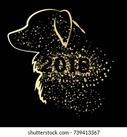 Happy New Year Card with dog. Black and gold background. Vector illustration.