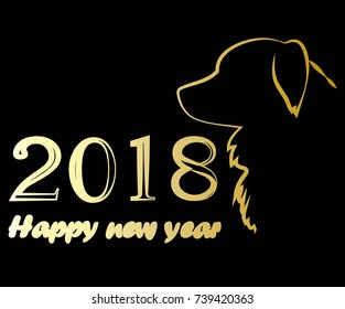 Happy New Year Card with dog. black gold background. Vector illustration.