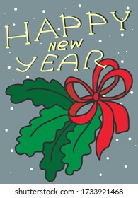 A happy new year card and a double bow with a ribbon adorn the branches .Vector design, background illustration.Holiday