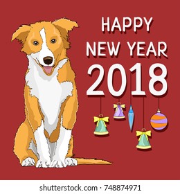 Happy new year, new year card with a drawn yellow dog symbol of the year 2018 and fur-tree toys on a red background. Vector illustration, banner, poster