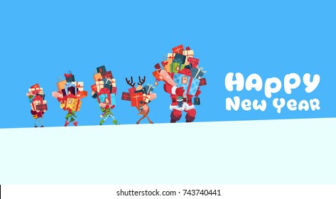 Happy New Year Card With Elves, Reindeer And Santa Carrying Gift Boxes Stack Christmas Holiday Presents Concept Vector Illustration