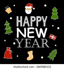 Happy New Year card with festive elements. Multi-color Merry Christmas Background. Hand Drawn gift boxes, Christmas trees, bag of gifts. Design for banner, flyer, card, poster. Winter holiday design