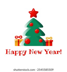 Happy New Year card with a fir tree, gift boxes, star and baubles on a white background. Cute colorful Christmas tree with 3d effect for a poster, banner or a greeting card
