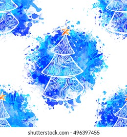 Happy New Year Card with Fir ornamental 2017. Holiday Vector illustration. Watercolor Blue
