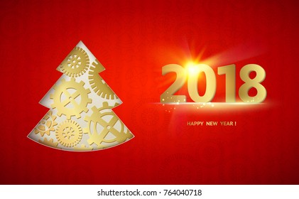 Happy new year card with fir tree made from gears over red background. Vector illustration.