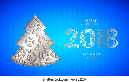 Happy new year card with fir tree made from gears over blue background. Vector illustration.