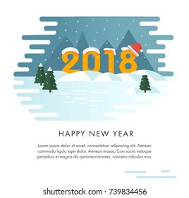 Happy New Year card. Flat style. landscape with snow-covered figures of 2018. The letters stand in the forest with Christmas trees on the background of the mountains. Snowing.
