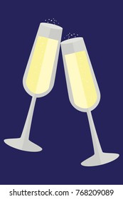 Happy New Year card in flat simple style. Two glasses of champagne. Vector illustration in eps 10.