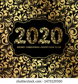 Happy new year card with floral style pattern on black background and sign 2020, marry christmas on the center. The card containes holiday template text. Vector illustration.
