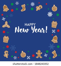 Happy New Year card frame design with snowflakes and gingerbread cookies. Template for greeting card.