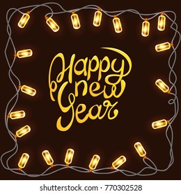 happy new year card and frame of luminous garland