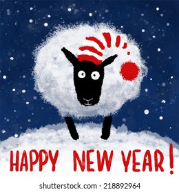 Happy New Year card with funny sheep