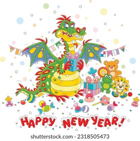 Happy New Year card with a funny mythological fire-breathing dragon among colorful holiday gifts, toys and sweets, vector cartoon illustration isolated on a white background