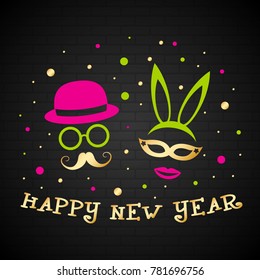 Happy New Year - card with funny masks in retro style. Vector.