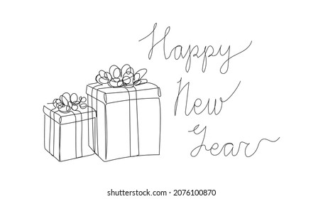 Happy New Year card with gift boxes one line art. Continuous line drawing of new year holidays, christmas, weekend, celebration, festive atmosphere, decoration.