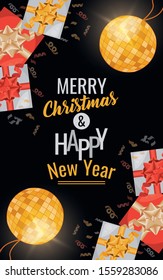 happy new year card with gifts and mirror balls vector illustration design