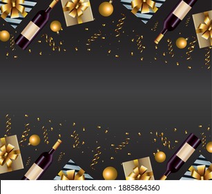 happy new year card with gifts and champagne vector illustration design