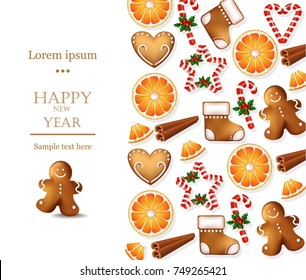 Happy New Year card with gingerbread cookies Vector. Holidays flavors with Orange slices, candies, sweets. Realistic styles