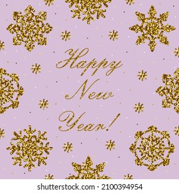 Happy New Year card with glitter golden snowflakes isolated on pink background.

