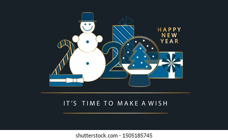 Happy New Year card  gold and blue invitation.  2020 numbers style design with holiday tree and decoration. Greeting card, flyer, poster, party, brochure. 