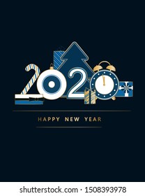 Happy New Year card  gold and blue invitation.  2020 numbers style design with holiday tree and decoration. Greeting card, flyer, poster, party, brochure. 