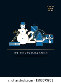 Happy New Year card  gold and blue invitation.  2020 numbers style design with holiday tree and decoration. Greeting card, flyer, poster, party, brochure. 