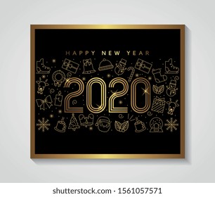 happy new year card with gold christmas icons. vector illustration