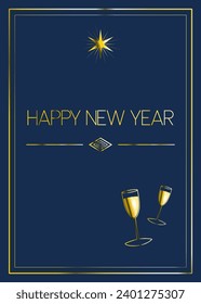 Happy New Year card. Gold ornaments. Blue background. Happy New Year. Blue and gold.