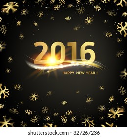 Happy new year card. Gold template over black background with golden sparks. Happy new year 2016. Template for your design. Vector illustration.