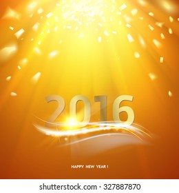 Happy new year card. Gold template over orange background with golden sparks. Happy new year 2016. Template for your design. Vector illustration.