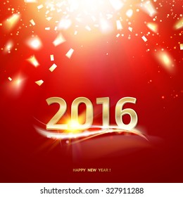 Happy new year card. Gold template over red background with golden sparks. Happy new year 2016. Red underwater abstraction. Fallen sparks and sun rays in the red sea. Vector illustration