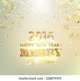 Happy new year card. Gold template over gray background with golden sparks. Happy new year 2016. Gray underwater abstraction. Fallen sparks and sun rays in the gray area. Vector illustration.