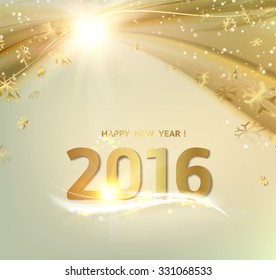 Happy new year card. Gold template over gray background with golden sparks. Happy new year 2016. Gray underwater abstraction. Fallen sparks and sun rays in the gray area. Vector illustration.