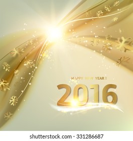 Happy new year card. Gold template over gray background with golden sparks. Happy new year 2016. Gray underwater abstraction. Fallen sparks and sun rays in the gray area. Vector illustration.