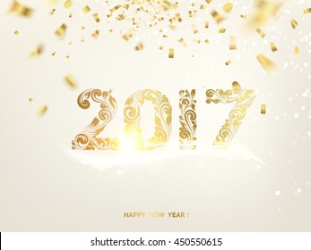 Happy new year card. Gold template over gray background with golden sparks. Happy new year 2017. Gray space abstraction. Fallen sparks and sun rays in the gray area. Vector illustration.