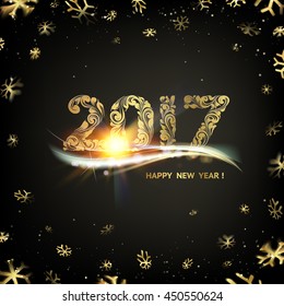 Happy new year card. Gold template over black background with golden sparks. Happy new year 2017. Black space abstraction. Fallen snow and sun rays in the dark area. Vector illustration.