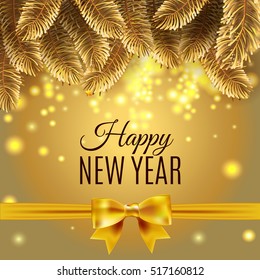 Happy new year card. Gold template  with sparkle background and golden lights stars . Greeting card with gold silk bow and copy space. Vector illustration. EPS 10