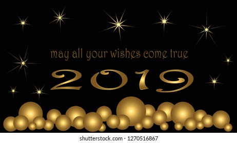 Happy new year card. Golden balls stars 2019 black background.