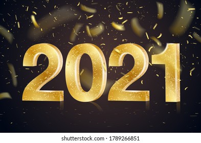 Happy New Year card with golden 2021 numbers and confetti - vector illustration