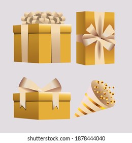 happy new year card with golden gifts and cornet vector illustration design
