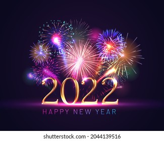 Carte de Joyeux Nouvel An avec des numéros brillants dorés. Banderole de Noël Joyeux Noël 2022 feux d'artifice multicolore. Invitation à la fête, carte de voeux, calendrier, création d'affiches illustration vectorielle réaliste