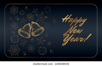 Happy New Year card with golden bells, Christmas globes, stars and snowflakes on a dark background